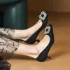 Sapatos de Salto Alto Femininos Stiletto Bico Fino Quadrado com Fivela de Strass Estilo Francês Preto Versátil Sexy para Primavera e Outono