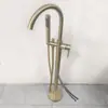 Grifo de Bañera de Pie de Latón Color Gris Pistola con Columna de Barril de Madera Conexión a Pared Lavabo Cabezal de Ducha Caliente y Frío Independiente