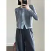 Elegante cárdigan de punto gris de dos piezas falso para mujer, diseño de otoño, chaqueta suéter con bloques de color, top corto