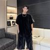 Conjunto Esportivo Casual Listrado Masculino Verão Estilo Hong Kong Retrô Tendência Marca Adolescente Tendência Camiseta de Manga Curta Shorts Largos