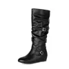 Botas altas de color liso con punta redonda para otoño e invierno, botas de cuña ligeras sin cordones para mujer, zapatos de talla grande, botas de moda de tacón medio de comercio exterior