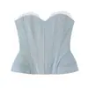 Top de mezclilla con corsé bustier de encaje de estilo francés para mujer con conjunto de falda bodycon de mezclilla y encaje