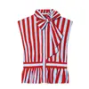 Camisa de Verano para Mujer de Estilo Europeo y Americano con Rayas y Mangas Cortas Abullonadas 26203