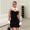 Vestido Negro con Malla y Puntadas Estilo Spice Girl para Mujer 2025 Primavera y Verano Nuevo Color Distintivo Combinado Cuello Camisero Cintura Ajustada Falda