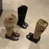 Botas altas de mujer de piel de vaca y ante, colección otoño e invierno, punta redonda, tacón medio grueso, diseño de bloques de color, botas hasta la rodilla