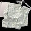 Pijama de otoño Hexin 59 para mujer, cárdigan de doble largo con encaje, cuello redondo, algodón nube, ropa de casa cómoda estilo caricatura