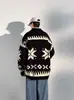 Cárdigan de punto jacquard geométrico retro americano transfronterizo, corte holgado para hombre, otoño/invierno, con cuello de solapa y cremallera, chaqueta suéter casual