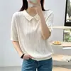 Camiseta casual de verano de Tencel acanalada con cuello tipo polo, top fino de manga corta para mujer, color liso, sin botones.