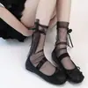 Meias Lolita com renda, estilo fino de verão com laço de fita, estilo ballet, meias 3/4 estilo Mary Jane JK japonês para mulheres