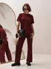 Conjunto Feminino de Nova Moda Transfronteiriço, Roupas Femininas de Comércio Exterior, Cor Sólida Simples Manga Curta Gola Redonda Calça Longa, Conjunto de Duas Peças Primavera e Verão