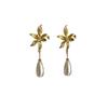 Aretes colgantes de perlas de flor dorada "Orquídea de lluvia" Retro Finos Nuevos Chinos Largos para Mujer