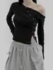 Camiseta Manga Longa Ombro Único Estilo Escuro para Mulheres, Top Curto Slim Fit Cor Sólida, Moda de Rua Novas Roupas Femininas