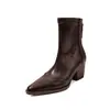 Botas Slim Femininas Botas Elásticas de Cano Curto Outono Inverno Novas Bico Quadrado Salto Alto Bloco Zíper Traseiro Botas de Moda Botas Elásticas Simples de Couro