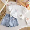 Conjunto de Verano para Niñas Lindo Dibujo Animado Bordado con Encaje Mangas Abullonadas Camiseta Shorts Casuales de Verano Conjunto de Dos Piezas