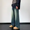 Jeans de pierna ancha de tiro alto para hombre, de corte recto, holgados, con efecto desgastado azul oscuro, estilo vintage, microacampanados, de longitud hasta el suelo, transfronterizos, para primavera y otoño