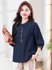 Camisa de manga larga estilo étnico para mujeres de mediana edad y mayores, nueva colección primavera/otoño 2026, top de algodón puro holgado y moderno para figuras petite