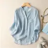 Camisa de Algodón y Lino Delgada de Verano Artística Retro para Mujer, Chaqueta Camisa Holgada con Cuello en V, Top Casual de Manga Media para Mujer