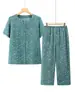 Conjunto de dos piezas de manga corta de verano para mujeres de mediana edad y ancianas para la abuela, cárdigan de algodón y seda para señoras mayores