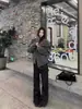 Pantalones de leñador de mezclilla cruda de alta resistencia con parche de pedrería, jeans de corte A, diseño unisex de estilo americano de alta resistencia, pierna ancha ligeramente acampanada
