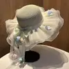 Chapéu de Palha Feminino Verão Fitas Flores Renda Laço Proteção Solar Chapéu de Sol Praia Litoral Proteção UV Chapéu de Sol