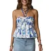 Comercio exterior transfronterizo europeo y americano ropa de mujer 2026 verano nuevo top azul y blanco estampado de cuello halter ajustado, camisola casual de moda