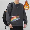 Moletom Masculino de Inverno 2025 Gola Redonda Pulôver Estampado Fibra de Poliéster Forrado com Lã Manga Longa Casual