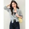 2025 Nuevo Estilo Otoño Perezoso Coreano Casual Diseño Rayas Gris Azul No se Arruga Fácilmente Cuello Solapa Manga Larga Camisa para Mujer