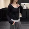 Yoyo recomienda otoño entallado adelgazante color contrastante falso dos piezas manga larga camiseta mujer casual chica popular hombro normal top deportivo_