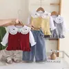 2026 Novo Conjunto de Roupas Infantis para Meninas Outono Conjunto de Roupa Infantil Estiloso Fashionável Gola Desenho Gatinho Pequeno Conjunto de Três Peças Estilo Primavera e Outono