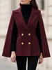 Casaco de Lã Europeu de Botão Duplo Acinturado Feminino Outono Inverno Nova Moda Elegante Curto Capa Terno Top