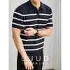 Camisa Polo Tejido Camiseta de Manga Corta para Hombre Cuello Camisero Cuello en V Cuello de Gaviota Rayas Estilo Old Money Verano Transfronterizo Fábrica Venta al por Mayor