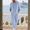 Conjunto de Ropa de Verano Nuevo para Hombre Sudadera Holgada Camisa Traje de Lino Casual Pantalones Rectos de Pierna Ancha para Hombre