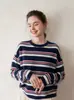 Suéter de Cashmere Listrado em Cores Contrastantes para Mulheres, Pulôver Solto Emagrecedor Estilo Preguiçoso, Suéter de Tricô Gola Redonda