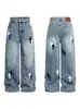 Jeans de Pierna Ancha Larga de Tiro Alto con Bloques de Color, Parche de Cuero Cruzado, Estilo Americano High Street, Otoño Nuevo, para Hombres y Mujeres