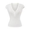 25 Verão Novo Decote em V Botão Manga Pequena Voadora Manga Curta Camiseta Feminina Sem Mangas Spice Girls Roupa Exterior Canelada Ajustada Top para Usar por Baixo