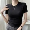Camiseta de rayas con cuello redondo y manga corta H311 para mujer, top de verano, nueva camiseta básica versátil y transpirable de corte ajustado para mujer