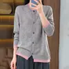 Suéter cárdigan de punto con cuello redondo para mujer, moda otoño e invierno 2025, diseño de bloques de color, manga larga, grueso y adecuado para usar en invierno