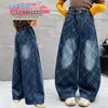 Calça Jeans Wide Leg Xadrez para Meninas 2026 Primavera e Outono Nova Cintura Alta Solta Casual Calça Curva para Crianças Maiores, Moderna e Descolada para o Outono