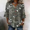 Nueva camiseta estampada de cuello en V con volantes y botones transfronteriza para mujer, elegante camisa casual para ir al trabajo en verano