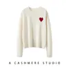 Suéter feminino de cashmere gola redonda, top grosso de manga longa com camada dupla, novo estilo outono e inverno com bordado de coração, camada interna quente