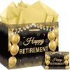 Bolsa de Regalo para Jubilación con Papel de Seda a Juego Grande Negra Dorada Empaque de Feliz Jubilación Bolsa de Regalo y Tarjeta de Felicitación para Hombres y Mujeres