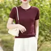 Nova moda de verão T-shirt versátil de gola redonda, manga curta, cor sólida, corte solto em Liocel, versão coreana, camiseta básica simples de cor sólida para mulheres