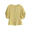 2026 Verano Nuevo Tops Casuales Camisa de Mujer Cuello Redondo Mangas Cortas Abullonadas Cardigan Reductor de Edad Color Sólido Estilo Europeo y Americano