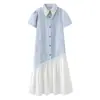 Vestido de Gasa de Burbujas Rayado Azul 72MM-5006 Verano Nuevo Diseño Vestido Camisa de Encaje