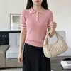 Top de punto para mujer de algodón puro acanalado, cuello polo, bloques de color estilo coreano, manga corta, nuevo modelo de verano, simple y estiliza, de longitud corta