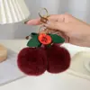 Lindo Llavero Colgante de Piel de Conejo Rex Cereza Peluche Femenino Decoración de Bolso de Coche Regalo Piel Genuina