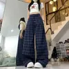 Pantalones casuales holgados de cuadros azules de cintura baja estilo retro americano para hombres y mujeres, estilo casual, pantalones de pierna ancha rectos adelgazantes de longitud de piso, modernos