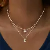 Collar de Clavícula de Cadena Fina Multicapa de Moda Retro Transfronteriza Europea y Americana con Colgante de Sol, Luna y Estrella Completamente Diamantado de Lujo Ligero para Mujer