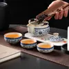 Conjunto de Chá de Viagem Lótus Azul e Branco Forno Ru Cerâmica Portátil de Alta Qualidade Kung Fu Copo Rápido Ao Ar Livre Um Bule Três Xícaras