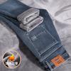 Calça jeans grossa forrada de lã de inverno masculina 2023 nova calça slim reta outono e inverno quente de veludo de uma peça